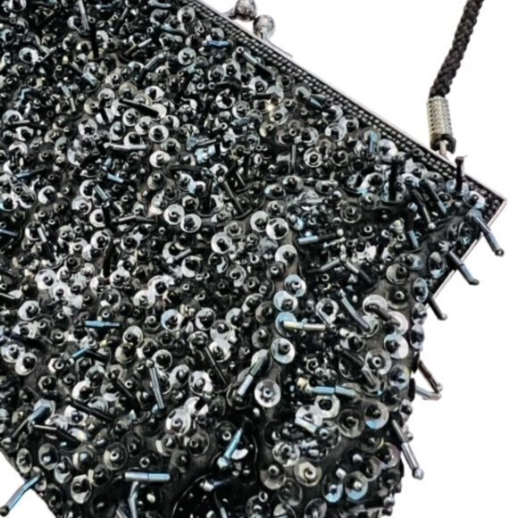 Vintage Purse Lancome Black‎ Beaded Crossbody / Clutch Shiny Formal Designer - Picture 6 of 11